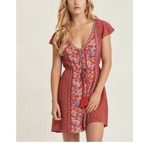 Arnhem Ophelia Floral Button Front Tassel Mini Dress Salsa Red AUS 8 US S 4
